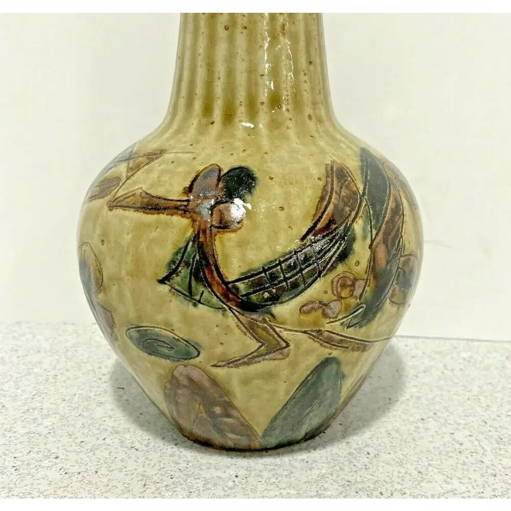 Vintage Mid Century Art Pottery Vase Drip Glaze Incised Brutalist Okinawa Japan